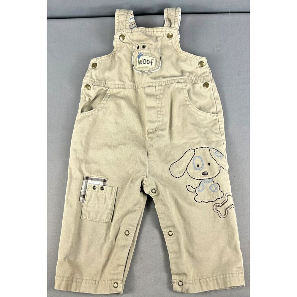 Koala Baby Boutique Canvas Khaki Puppy Woof Snap Overalls Size 12 Months